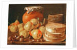 Still Life with apples, nuts, pears, and boxes of sweets by Luis Egidio Menendez or Melendez
