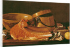 Still Life with meat, cooking pots, chickpeas, a lemon and garlic by Luis Egidio Menendez or Melendez