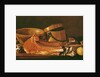 Still Life with meat, cooking pots, chickpeas, a lemon and garlic by Luis Egidio Menendez or Melendez