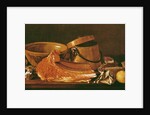 Still Life with meat, cooking pots, chickpeas, a lemon and garlic by Luis Egidio Menendez or Melendez