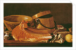 Still Life with meat, cooking pots, chickpeas, a lemon and garlic by Luis Egidio Menendez or Melendez