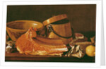 Still Life with meat, cooking pots, chickpeas, a lemon and garlic by Luis Egidio Menendez or Melendez