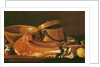 Still Life with meat, cooking pots, chickpeas, a lemon and garlic by Luis Egidio Menendez or Melendez