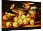 Still life with quinces, a silver fruit dish, bowls. a box for sweets and a butterfly by Luis Egidio Menendez or Melendez