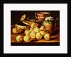 Still life with quinces, a silver fruit dish, bowls. a box for sweets and a butterfly by Luis Egidio Menendez or Melendez