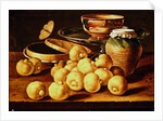 Still life with quinces, a silver fruit dish, bowls. a box for sweets and a butterfly by Luis Egidio Menendez or Melendez