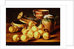 Still life with quinces, a silver fruit dish, bowls. a box for sweets and a butterfly by Luis Egidio Menendez or Melendez