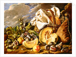 Still Life with figs, wicker basket, pumpkin, bread, wine skin and knife by Luis Egidio Menendez or Melendez