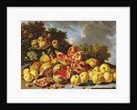 Still Life with pomegranates, apples, cherries and grapes by Luis Egidio Menendez or Melendez