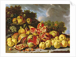 Still Life with pomegranates, apples, cherries and grapes by Luis Egidio Menendez or Melendez