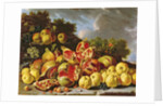 Still Life with pomegranates, apples, cherries and grapes by Luis Egidio Menendez or Melendez