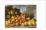 Still Life with pomegranates, apples, cherries and grapes by Luis Egidio Menendez or Melendez