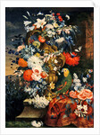 Bouquet of flowers and a parrot by Jean Picart
