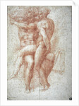Nude female seated on the knees of a seated male nude: Adam and Eve by Michelangelo Buonarroti