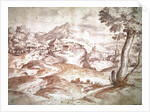 Wooded landscape with village and church by Titian (c.1488-1576)
