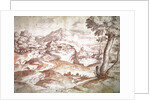 Wooded landscape with village and church by Titian (c.1488-1576)