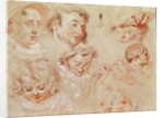 Six heads and two hands playing a musical instrument by Jean Antoine Watteau