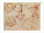 Six heads and two hands playing a musical instrument by Jean Antoine Watteau