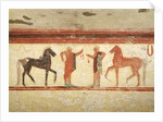 Horses and horsemen holding the reins by Etruscan