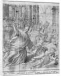 Life of Christ, Jesus chasing the merchants from the Temple, preparatory study of tapestry cartoon for the Church Saint-Merri in Paris, c.1585-90 by Henri Lerambert