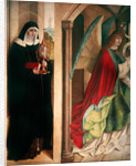 The Annunciation with St. Clare of Assisi, left panel of the retable when closed, 1480 by Master of the Carnation
