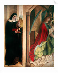The Annunciation with St. Clare of Assisi, left panel of the retable when closed, 1480 by Master of the Carnation