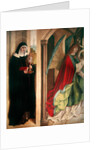 The Annunciation with St. Clare of Assisi, left panel of the retable when closed, 1480 by Master of the Carnation
