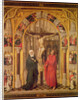 Christ on the Cross, with the Virgin Mary and Saint John under an archway with Gothic tracery leading to a church, central panel from the Redemption Triptych, c.1460 by Vrancke van der Stockt