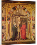 Christ on the Cross, with the Virgin Mary and Saint John under an archway with Gothic tracery leading to a church, central panel from the Redemption Triptych, c.1460 by Vrancke van der Stockt