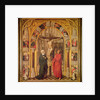 Christ on the Cross, with the Virgin Mary and Saint John under an archway with Gothic tracery leading to a church, central panel from the Redemption Triptych, c.1460 by Vrancke van der Stockt