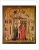 Christ on the Cross, with the Virgin Mary and Saint John under an archway with Gothic tracery leading to a church, central panel from the Redemption Triptych, c.1460 by Vrancke van der Stockt