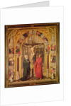Christ on the Cross, with the Virgin Mary and Saint John under an archway with Gothic tracery leading to a church, central panel from the Redemption Triptych, c.1460 by Vrancke van der Stockt
