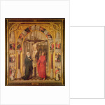 Christ on the Cross, with the Virgin Mary and Saint John under an archway with Gothic tracery leading to a church, central panel from the Redemption Triptych, c.1460 by Vrancke van der Stockt