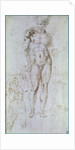 Study for Apollo standing nude with a cloak draped over his shoulders and the figure of a man carrying a burden by Michelangelo Buonarroti
