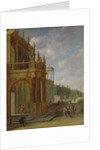 People on the terrace of a palace by Isaac van Nickele