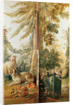Salon of the print-maker Gilles Demarteau, two panels 1. dog and sheep 2. planted Orange tree with pecking doves by Jean-Baptiste Huet
