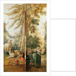 Salon of the print-maker Gilles Demarteau, two panels 1. dog and sheep 2. planted Orange tree with pecking doves by Jean-Baptiste Huet