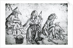 Scene with a musician playing the bagpipes, a woman spinning and a man carving spoons by Anonymous Anonymous