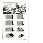 Stonemasons at work and various examples of wall-building techniques by Prevost