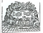 The Canterbury Pilgrims sitting down for a shared meal by English School