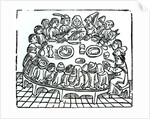 The Canterbury Pilgrims sitting down for a shared meal by English School