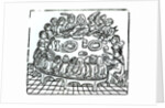 The Canterbury Pilgrims sitting down for a shared meal by English School