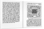 Pages from the English translation of 'De Ludo Saccorum' by Jacques de Cessoles, including an illustration of two people playing chess, c.1483 by English School