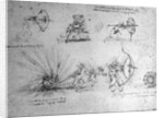 Study with Shields for Foot Soldiers and an Exploding Bomb, c.1485-88 by Leonardo da Vinci