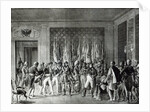 Napoleon gives the flags won at Austerlitz in 1805 to the Mayors of Paris visiting him at Schonbrunn by L. Marin
