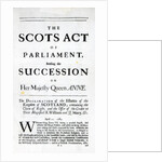 Pamphlet announcing 'The Scots Act of Parliament, settling the Succession on Her Majesty Queen Anne' April 11th 1689 by English School