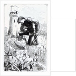 Gulliver kneels before the Lilliputians after stealing the Blefuscudian fleet by Thomas Morten