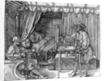 A draughtsman taking details for a portrait, using a perspective apparatus for drawing onto glass by Albrecht Dürer or Duerer