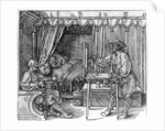 A draughtsman taking details for a portrait, using a perspective apparatus for drawing onto glass by Albrecht Dürer or Duerer