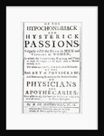 Title page for 'A Treatise of the Hypochondriack and Hysterick Passions' by Bernard de Mandeville, published 1711 by English School